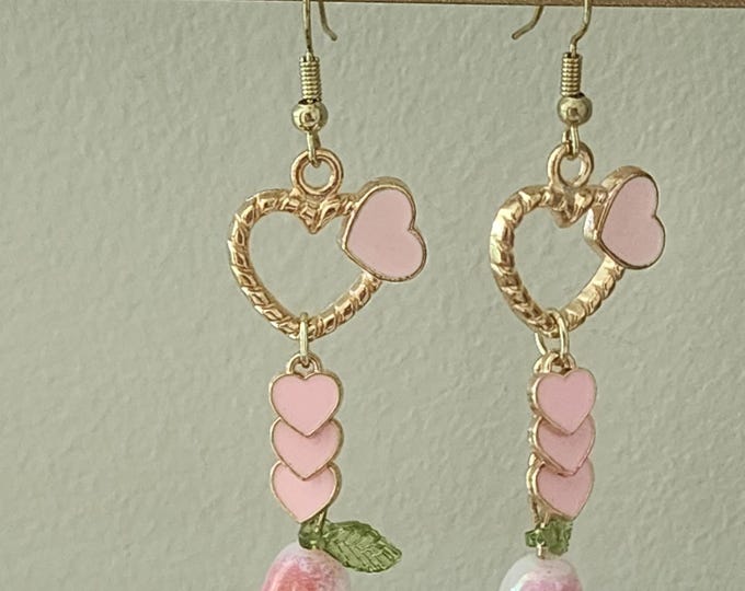 Pink Flower Heart Dangle Earrings – Gold Drop Earrings, Spring Summer Floral Jewelry, Cute Handmade Gift for Her