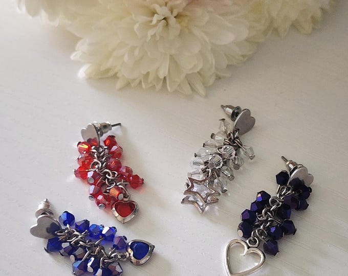 Bohemian Cluster Glass Crystal Earrings, Heart Studs - Elegant Handmade Jewelry Gift for Her