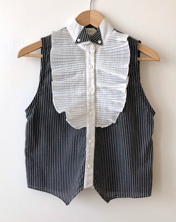 Vintage Sleeveless Tuxedo Shirt with Front Ruffle