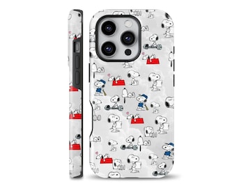 May include: A white iPhone case featuring a repeating pattern of Snoopy illustrations. The black and white Snoopy designs have red accents, set against a cloudy sky. The case has a black border and a camera cutout.