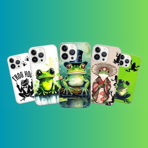 以下が含まれることがあります： 5つのスマートフォンケースのコレクション。それぞれ異なるカエルのキャラクターが描かれており、シルクハットをかぶったカエル、着物を着たカエル、サングラスをかけたカエルなどが特徴です。ケースは白と緑色です。