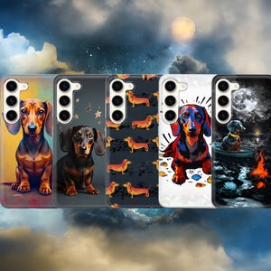 May include: Five phone cases with dachshund dog artwork. The designs vary, from realistic depictions to patterned illustrations. The colour scheme includes browns, blacks, and bright accents. The background shows a night sky with a full moon and clouds.