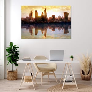 London Skyline Morning View Canvas, Thames River & Tower Bridge Print, City of London Wall Art, Sunrise Over London Poster, UK Travel Decor