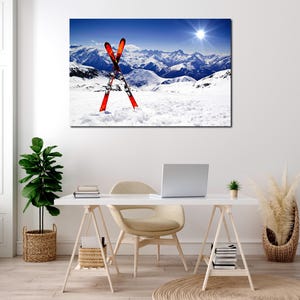 Skiing Canvas Print – Skis in Snow with Mountain View – Winter Sports Wall Art for Lodge, Cabin, Ski Resort