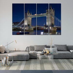 Tower Bridge Night Canvas, London Skyline Print, UK City Lights Art, British Landmark Decor, Thames River View, London at Night, Urban Art