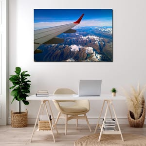 Airplane Wing View Over Mountains – Aerial Flight Canvas Print – Pilot & Travel Wall Art - Aircraft Mechanic Decor - Aircraft Canvas Art