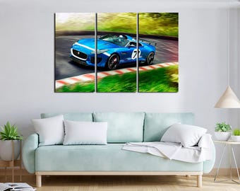 Blue Jaguar F-Type Wall Art – Luxury Sport Car Canvas – Bold Automotive Poster for Garage & Office Decor - Jaguar Wall Art Canvas Set