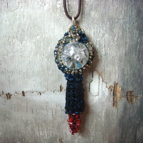 little lighthouse - a crocheted pendant with a mountain crystal bead