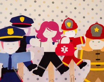 First Responders Party Paper Doll kids Craft Kit, Police Gift, diy Craft Kit, kids crafts, paper craft, craft kit set of 6 Fire Fighter