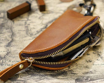 Retro Style Leather Zipper Key Bag Men's Portable Waist Coin Purse Car Key Hand-Held Storage Bag