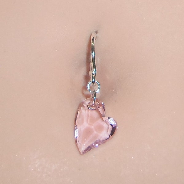 Heart Belly Button Ring, Pink, Blue,Or Burgundy Swarovski Crystal Heart, Sterling Silver Belly Button Ring