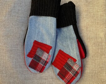 Upcycled wool and denim mittens