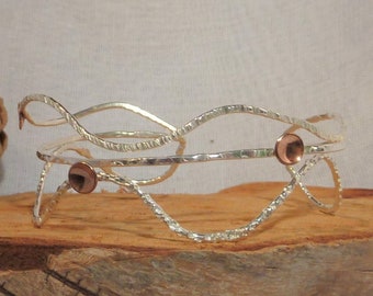 Stacking Cuff bangle: Handmade, hammered sterling silver wire & copper domes