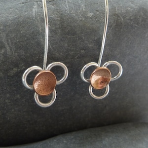 Daisy flower drop earrings: Handmade, sterling silver and copper image 1