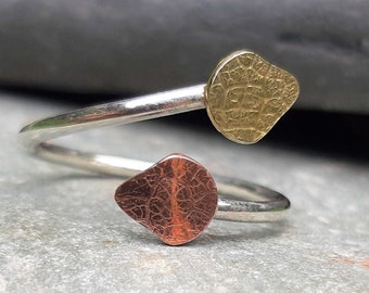 Handmade Sterling Silver Adjustable Ring: Copper & Brass Leaf