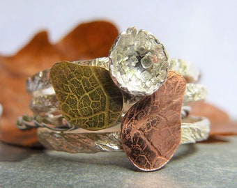 Handmade Autumn Leaf Stacking Rings: Sterling Silver, Copper & Brass (Set of 4)