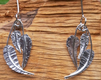 Textured, leaf-shaped silver drop earrings : Handmade, sterling silver