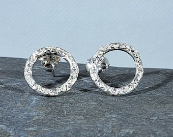 Sterling silver textured circle hoop studs: Handmade, unique, geometric jewellery