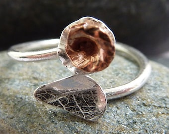 Handmade Sterling Silver Adjustable Ring: Copper Rose & Leaf