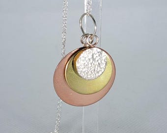 Handmade Mixed Metal Circle Pendant Necklace, Sterling Silver, Copper & Brass