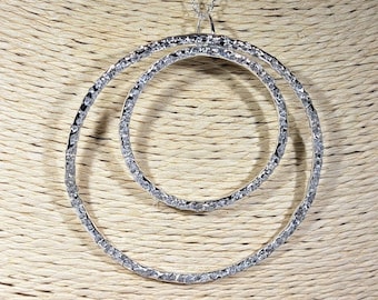 Sterling silver textured double hoop pendant necklace: Handmade, unique, geometric jewellery