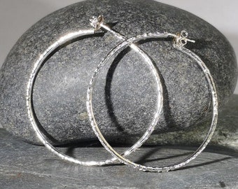 Sterling silver textured hoop earrings: Handmade