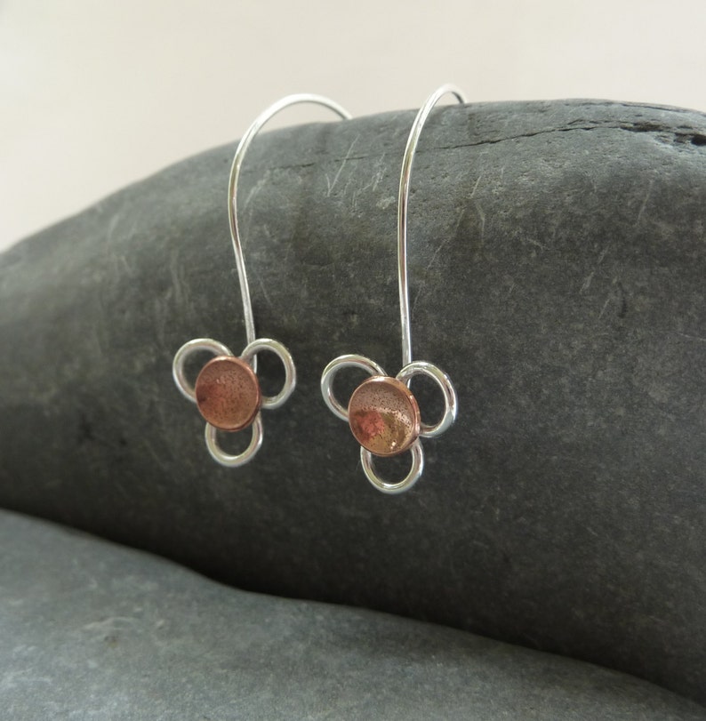 Daisy flower drop earrings: Handmade, sterling silver and copper image 3