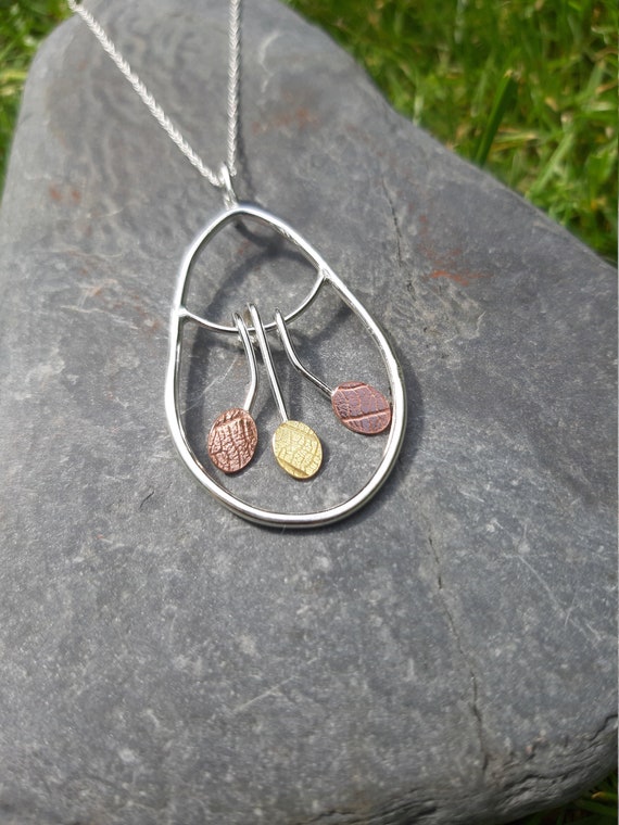 Leaf-textured, leaf-shaped silver wire necklace : Handmade, sterling silver, copper and brass