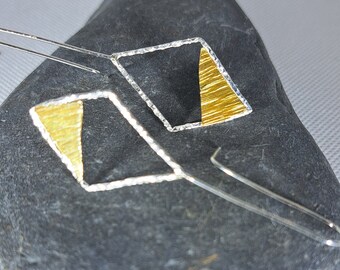Sterling silver textured diamond-shaped drop earrings with asymmetric brass triangle: Handmade, unique, geometric jewellery