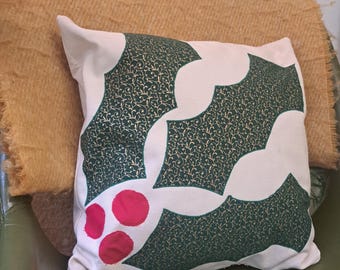 Handmade Christmas Holly Cushion: Gold Swirl Berries, Festive Decor