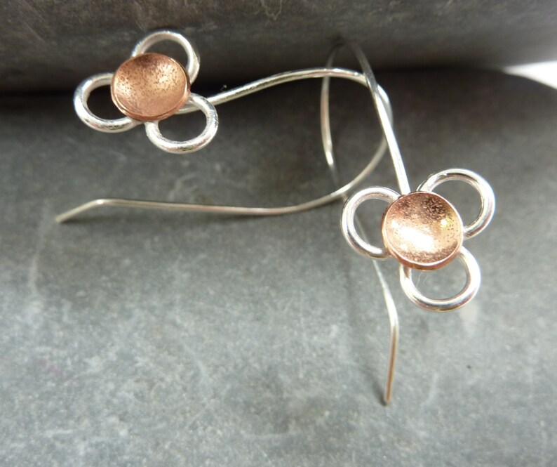 Daisy flower drop earrings: Handmade, sterling silver and copper image 4