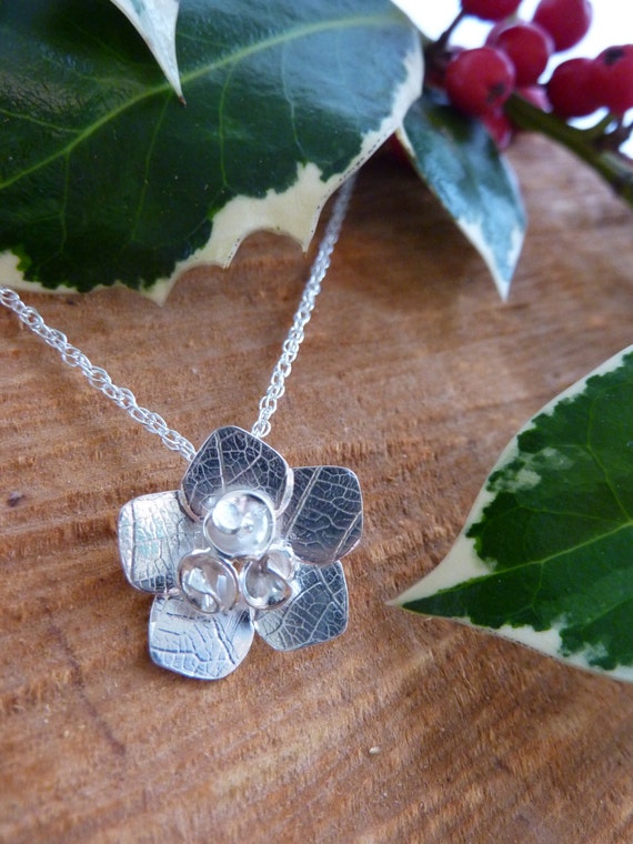 Rose flower pendant with leaf texture: Handmade, sterling silver