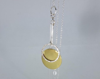 Handmade Sterling Silver Pendant Necklace: Textured Circle & Brass Disc