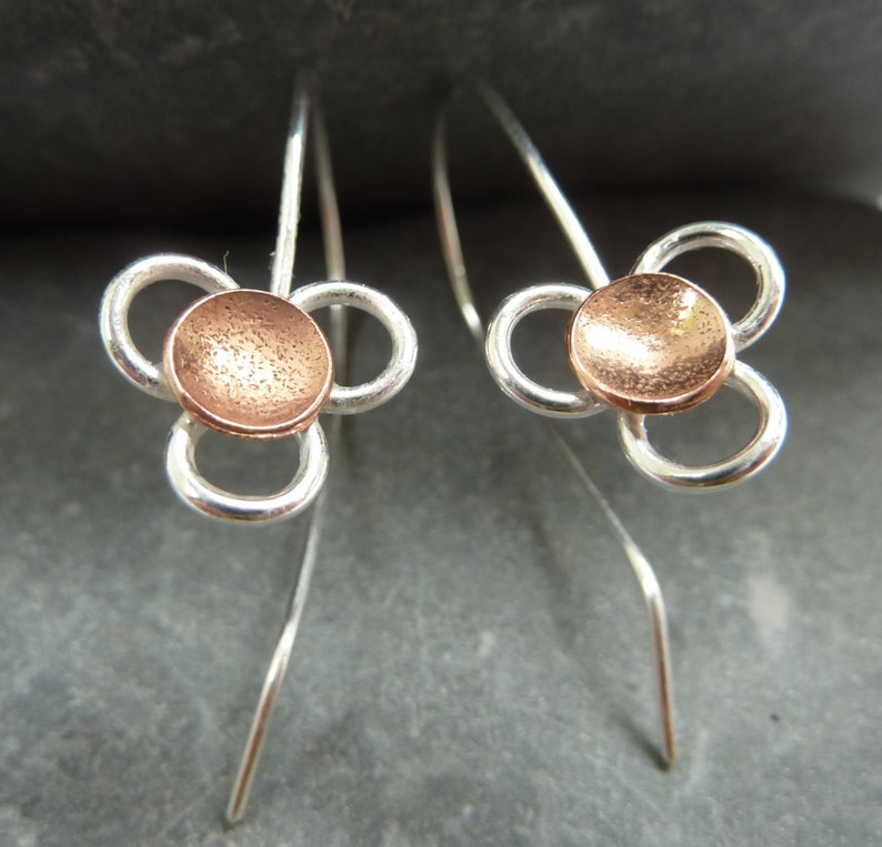 Daisy flower drop earrings: Handmade, sterling silver and copper image 2