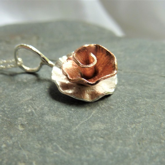 Peony Rose flower pendant: Handmade sterling silver and copper