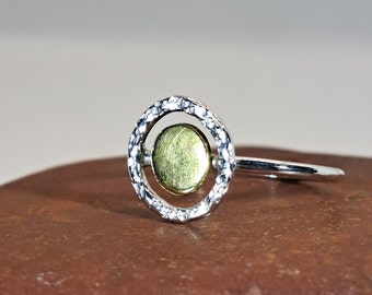 Sterling silver textured round circle ring with brass centrepiece: Handmade, unique, geometric jewellery