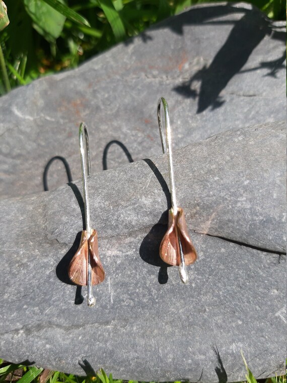 Calla Lily flower drop earrings: Handmade, sterling silver and copper
