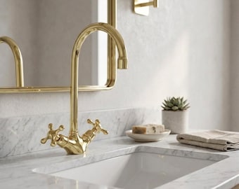H3: Solid Gold Wasserhahn für Badezimmer Eitelkeit - Polierte Messing Spültischmischer, Vintage Schwanenhals Wasserhahn