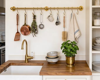 Minimal Brass Pot Rail Modern Kitchen Hanging Bar Wall Mounted Cookware Rack with Hooks