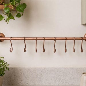 Könnte beinhalten: Eine kupferfarbene Küchenreling mit acht Haken, montiert an einer hellen Wand. Die Reling ist etwa 60 cm lang und zum Aufhängen von Küchenutensilien bestimmt. Das Design umfasst dekorative kreisförmige Endstücke.