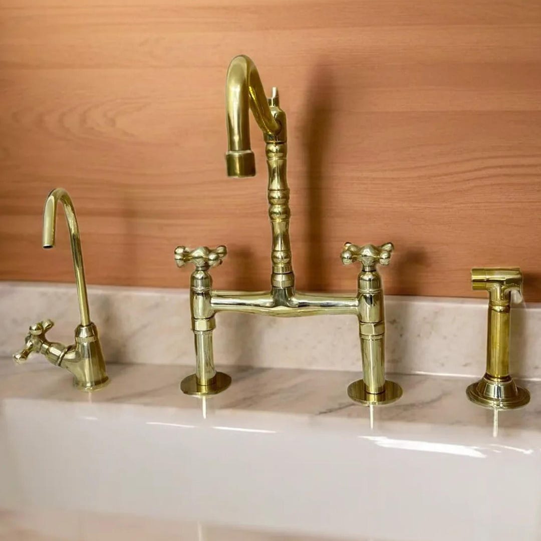Unlacquered Brass Kitchen Faucet Set: Double Handle Farmhouse Mixer Tap ...