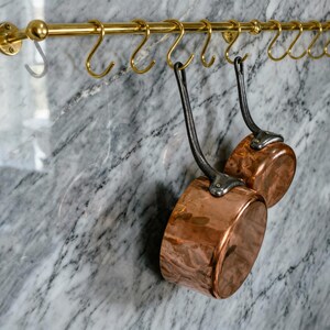 Solid Unlacquered Brass Pot Rail: Handmade Kitchen Organizer Rack with Hooks