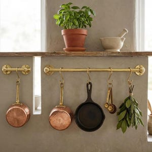 Brass Pot Rail Kitchen Organizer Wall Mounted Hanging Rack with Hooks Unlacquered Brass Storage