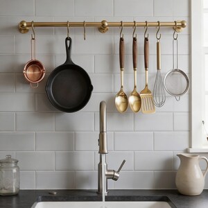 Solid Brass Pot Rail Unlacquered Kitchen Wall Rack with Hooks Luxury Hanging Cookware Organizer