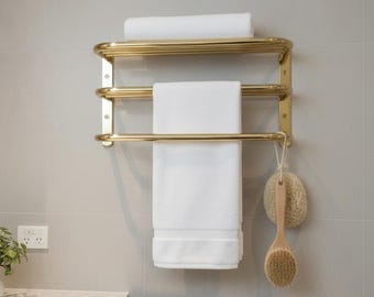Brass Towel Rack Wall Mounted with Shelf | Guest Bathroom Towel Holder | Airbnb Bathroom Upgrade | Luxury Brass Drying Rack