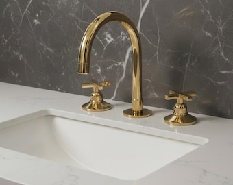 Grifo de baño de latón sin lacar, mezclador de lavabo de 3 orificios, estilo vintage.