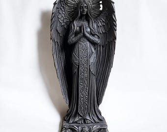 Black Wooden Angel Statue: Hand Carved Guardian Figurine, 9 Inch