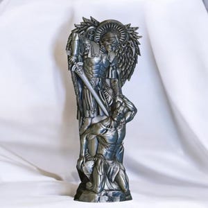 Hand Carved St. Michael Statue: Wooden Archangel Defeating Lucifer