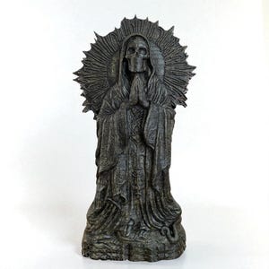 Hand Carved Santa Muerte Black Wood Statue: Home Altar Decor