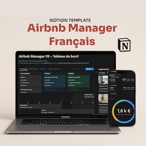 以下が含まれることがあります： Airbnb の賃貸管理のためのダークテーマの Notion テンプレートを表示したラップトップとスマートフォン。テンプレートには、カレンダー、タスクリスト、リスト管理セクションが含まれています。スマートフォンの画面には、円グラフに「1.6 k €」と「総利益額 (k)」というテキストが表示されています。